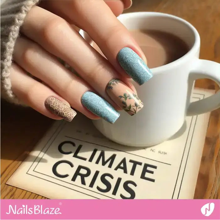 Blue and Brown Nature-inspired Nail Design | Climate Crisis Nails - NB2945